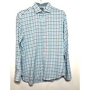 Thomas Dean Mens Plaid Button Down Shirt Large 100% Pima Cotton Blue / White